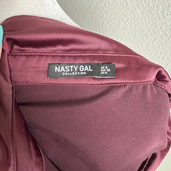 Nasty Gal Dark Red Oversized Button Down Shirt Women's 4 Shimmer Long Sleeves - Picture 6 of 7